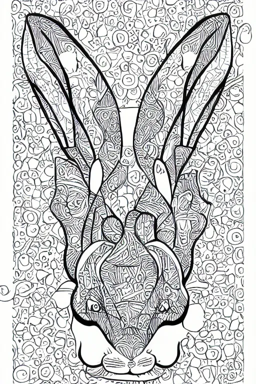 Image similar to bunny head, ornaments, closed shapes, outlines, ink drawing, line art colouring page