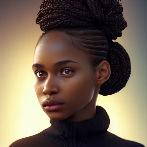 Image similar to a photorealistic hyperrealistic, bright brown eyes, light skinned african young girl, ponytail hair, flawless face, beautiful lips, cute face, black turtle neck shirt, by wlop, artgerm, greg rutwoski, alphonse mucha, beautiful dynamic dramatic low - light moody lighting, cinematic atmosphere, artstation, concept design art, octane render, 8 k