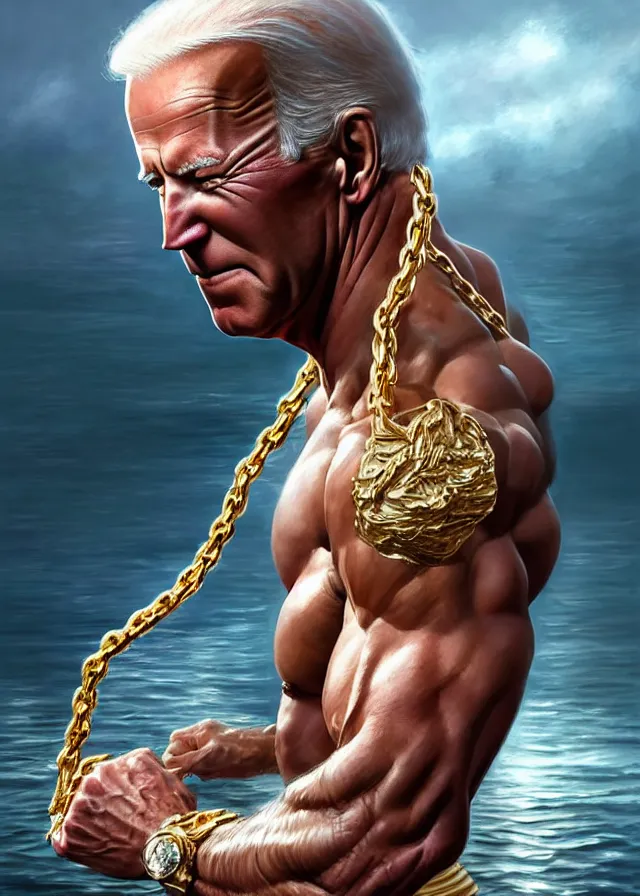 Image similar to super muscular joe biden wearing cycling shorts and gold chains walking on water, elegant, real life skin, intricate, high detailed, artstation, concept art, smooth, sharp focus, art by artgerm and greg rutkowski