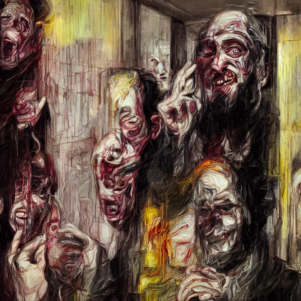 Prompt: bright realistic chabad cult smiling franticly, old apartment, rotten flesh, diffuse lighting, fantasy, intricate, elegant, highly detailed, lifelike, photorealistic, digital painting, artstation, illustration, concept art, smooth, sharp focus, art by francis bacon and jenny saville