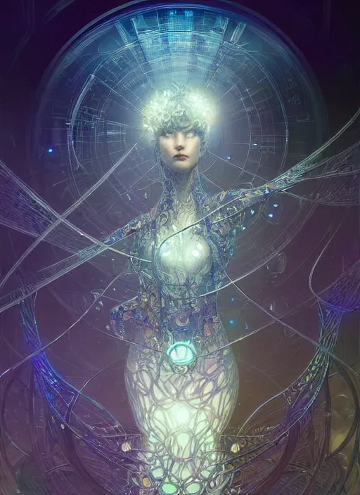 Prompt: fractals!! water, hybrids, tech wear, scifi, glowing lights!! intricate elegant, highly detailed, digital painting, artstation, concept art, smooth, sharp focus, thin glowing wires, illustration, art by artgerm and greg rutkowski and alphonse mucha, singularity!!!