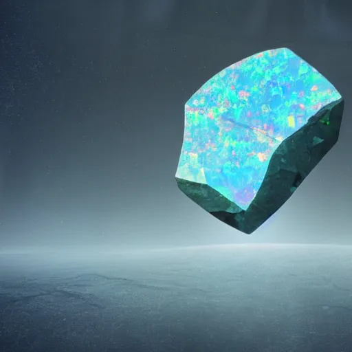 Image similar to a giant gemstone mineral in a dark blank room with Opal gemstone, professional digital matte painting.