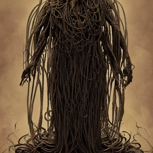 Prompt: a strange eerie scary shadowy figure made of spaghetti, surrounded by demons, mysterious, horror, concept art, detailed, award - winning, cinematic, octane render, 8 k, photorealistic, by emil melmoth, by wayne barlowe