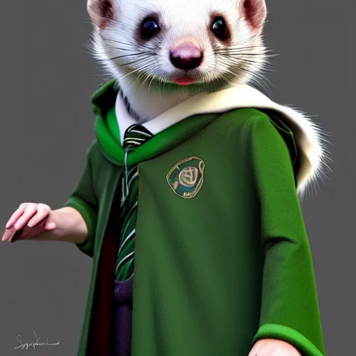 Image similar to a anthropomorphic ferret is dressed as a hogwarts student in slytherin robes, hyperdetailed, artstation, cgsociety, 8 k