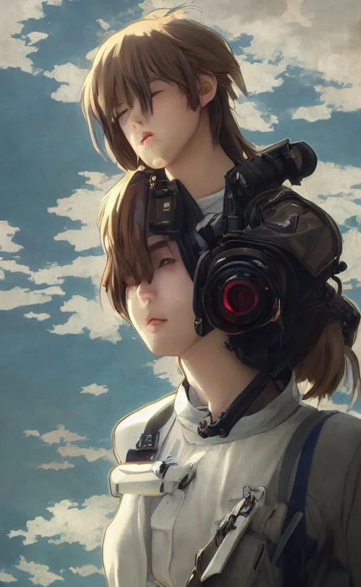 Image similar to a flying girl, fused aircraft parts, military pilot clothing, anime style, short hair, hair down, symmetrical facial features, from arknights, hyper realistic, 4 k, rule of thirds, extreme detail, detailed drawing, trending artstation, hd, realistic lighting, by alphonse mucha, greg rutkowski, shoulder eyes, backlit