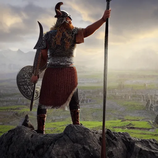 Image similar to an ultra detailed mighty viking standing portrait in front of a highly detailed landscape of a big and structured norse city inspired by valhalla, big and structured valhalla city, viking heaven, god rays, inspired by norse mythology, 4k digital art, octane render, trending on artstation, digital art,