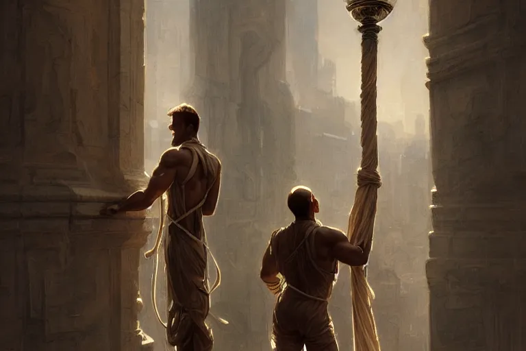 Image similar to a man tied to a pillar by jack russel terrier, highly detailed, hyperrealistic digital painting, artstation, concept art, smooth, sharp focus, illustration, cinematic lighting, art by artgerm and greg rutkowski and alphonse mucha