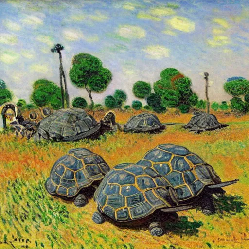 Image similar to tortoises next to artillery guns by claude monet