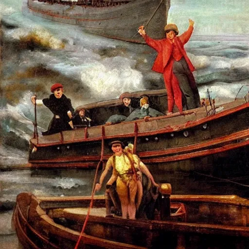 Prompt: Nardwuar pulls the Titanic out of the ocean, oil painting, by Juan Luna, Michelangelo, Rembrandt