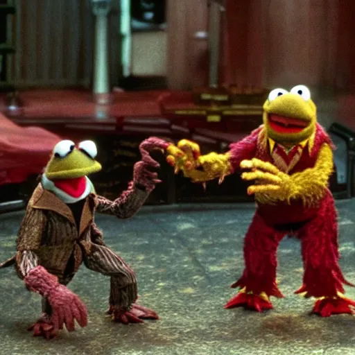 Prompt: Muppets characters battling in “Mortal Kombat (2000)” action scene