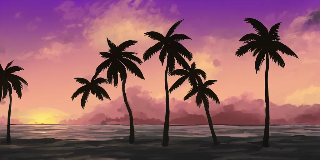 Prompt: purple sunset. palm trees. beach. realistic. digital concept art. fluffy