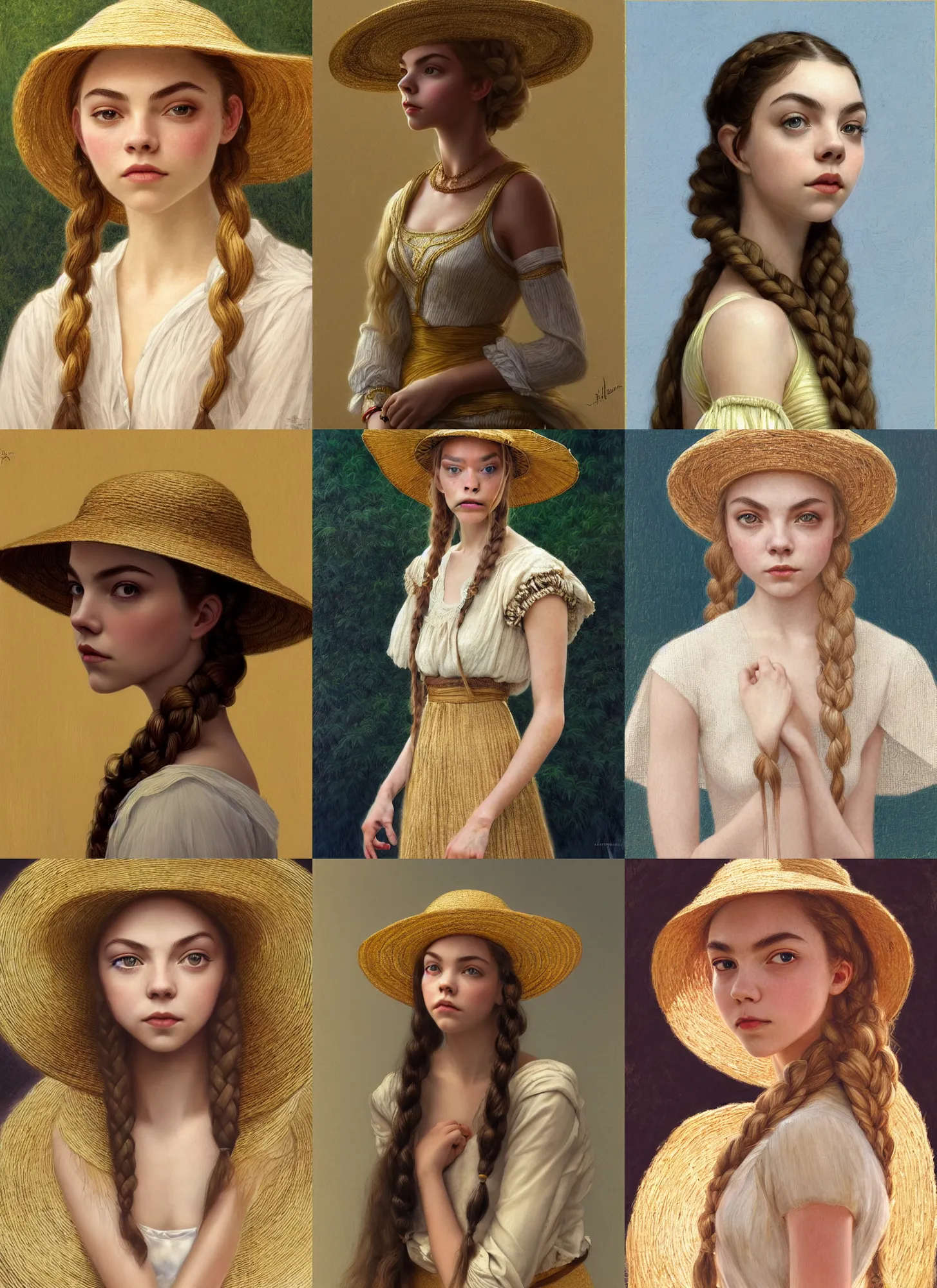 Prompt: anya taylor - joy, annasophia robb, wearing straw hat, olive skin, long braided blond hair, beautiful bone structure, shiny gold background, intricate, elegant, highly detailed, digital painting, artstation, concept art, smooth, sharp focus, illustration, bouguereau, rutkowski, mucha