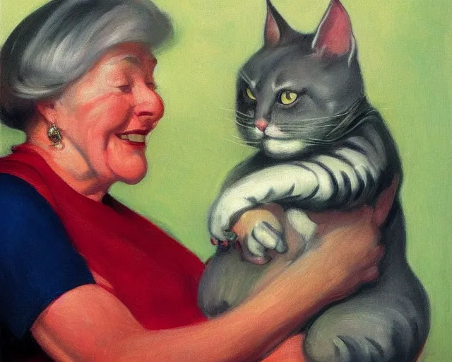 Prompt: detailed portrait of a happy old lady and her plant cat , Edward Hopper, sharp high quality