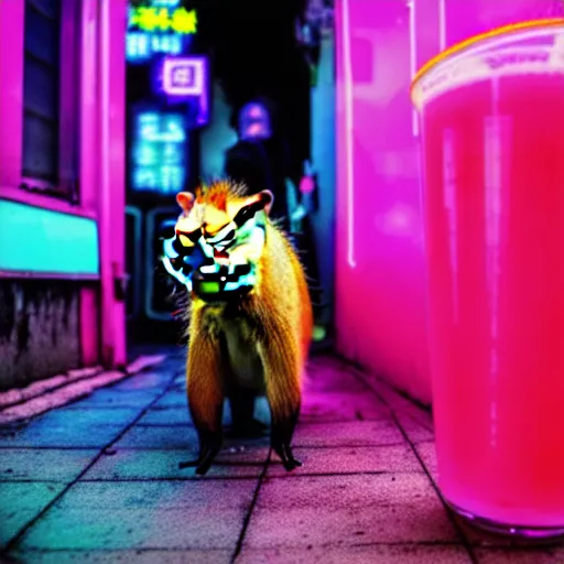 Image similar to capybara drinking bubble tea in cyberpunk, neon, pink and cyan seoul, detailed, street photography