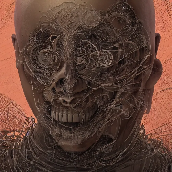 Prompt: portrait of Buddhist Monk as ((skeleton)). intricate abstract. intricate artwork. by Tooth Wu, wlop, beeple, dan mumford. octane render, trending on artstation, greg rutkowski very coherent symmetrical artwork. cinematic, hyper realism, high detail, octane render, 8k, chrome accents