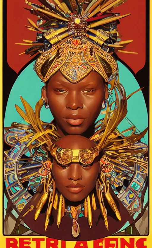 Prompt: a retro futuristic african tribal chief, art by joseph christian leyendecker, design blocking by alphonso mucha, poster design by drew struzan, highly detailed, digital painting, concept art, smooth sharp focus, intricate, symmetry,