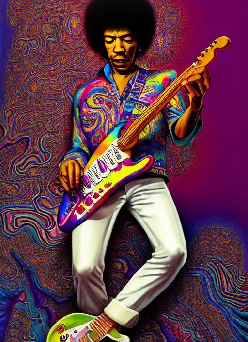 Image similar to hyper detailed 3d render like a Oil painting - Jimi Hendrix aerochrome and milky Fruit holding a left-handed white stratocaster guitar in his left hand, iridescent paisley patterns by Jacek Yerka, Ilya Kuvshinov, Mariusz Lewandowski, Houdini algorithmic generative render, Abstract brush strokes, Masterpiece, Edward Hopper and James Gilleard, Zdzislaw Beksinski, Mark Ryden, Wolfgang Lettl, hints of Yayoi Kasuma, octane render, 8k