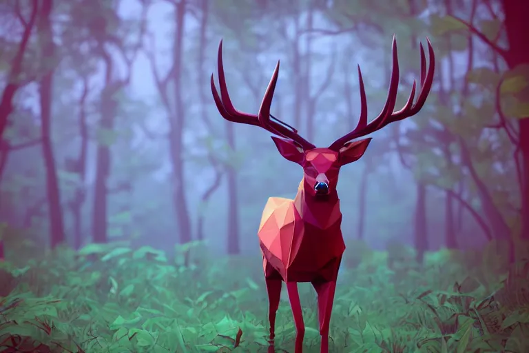 Image similar to super detailed color lowpoly art, red deer in an undergrowth, unreal engine, retrowave color palette, 3 d render, lowpoly, colorful, digital art, perspective