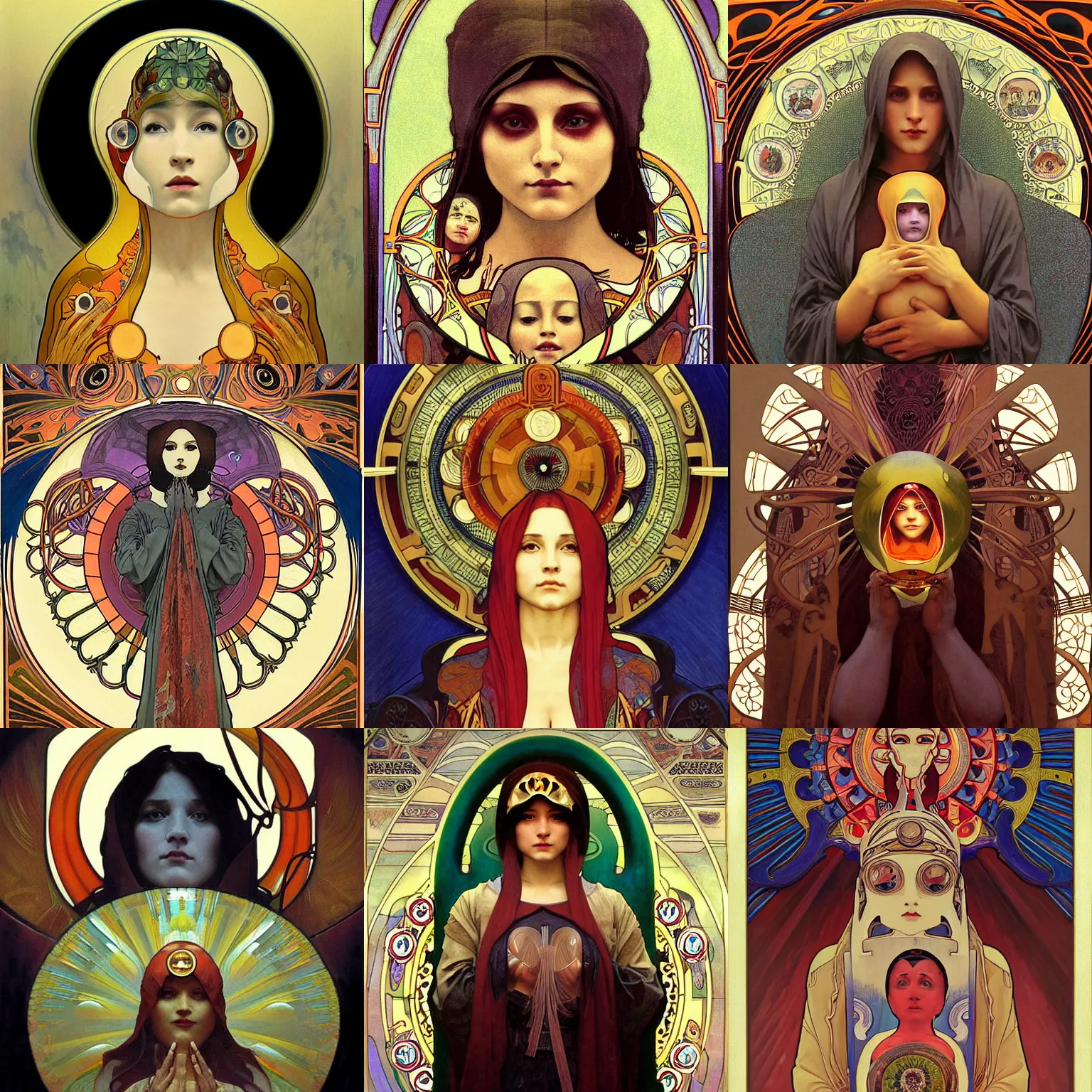 Prompt: is a stunning, breathtaking, awe-inspiring award-winning conceptual Art Nouveau painting with an attractive matryoshka as the sun god, with disturbing, piercing eyes, Alphonse Mucha, Michael Whelan, William Adolphe Bouguereau, John Williams Waterhouse and Donato Giancola, cyberpunk, extremely gloomy lighting, shining light and shadow, atmospheric, cinematic, unreal Engine, 8K