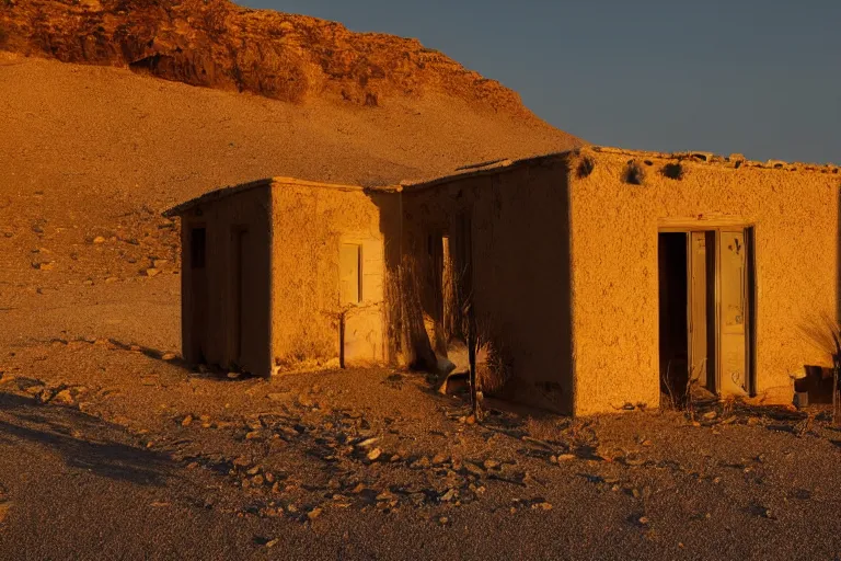 Image similar to desolate house in the middle of the desert, golden hour, dramatic, desolate, award winning