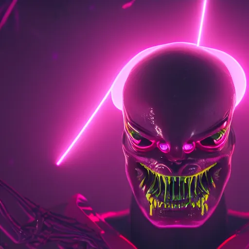 Image similar to synthwave demonic alien face with neon horns, detailed face, sharp focus, synthwave art, aesthetic, octane render, raw, cinematic