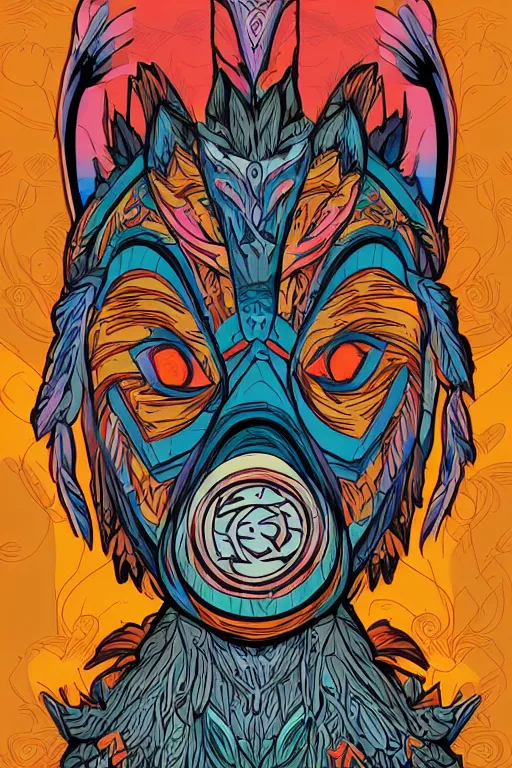 Image similar to animal mask totem roots flower tribal feather gemstone plant wood rock shaman vodoo video game vector cutout illustration vivid multicolor borderlands comics by josan gonzales and dan mumford radiating a glowing aura