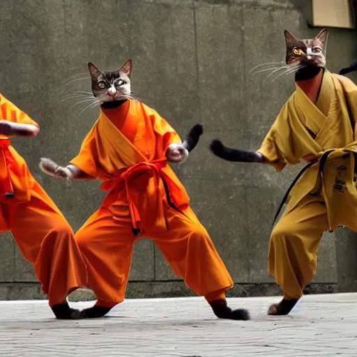 Prompt: real cats dressed as shaolin monks, 4k