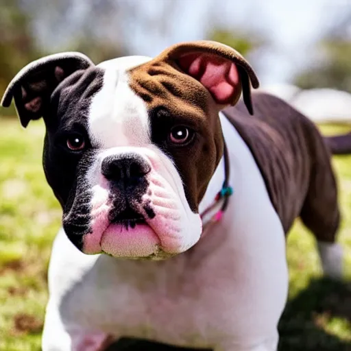 Prompt: pitbull bulldog mix with brindle coat and white paws and white chest playing with a dinosaur plushie. photo. realistic. hyper realistic. outside photography. sunny day.