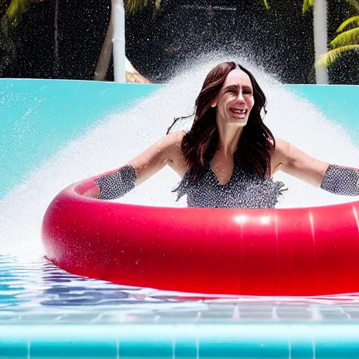 Prompt: 4 k photograph of jacinda ardern riding a waterslide.