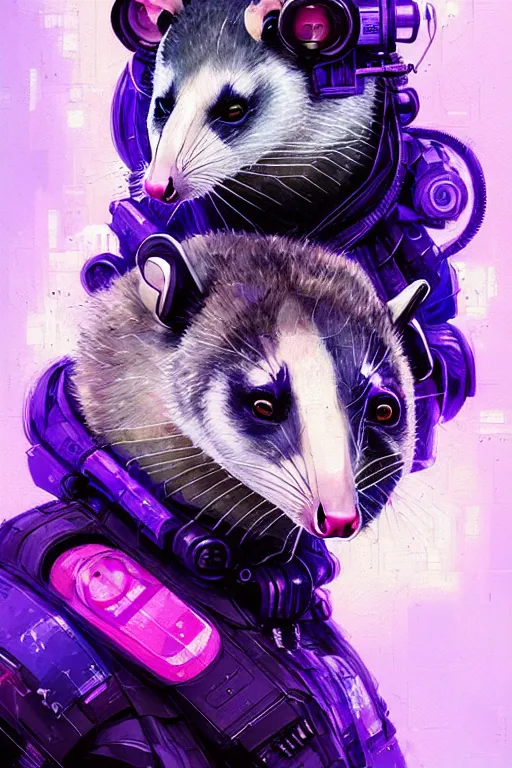 Image similar to a beautiful portrait of a cute cyberpunk opossum by sandra chevrier and greg rutkowski and wlop, purple blue color scheme, high key lighting, volumetric light, digital art, highly detailed, fine detail, intricate, ornate, complex, octane render, unreal engine, photorealistic