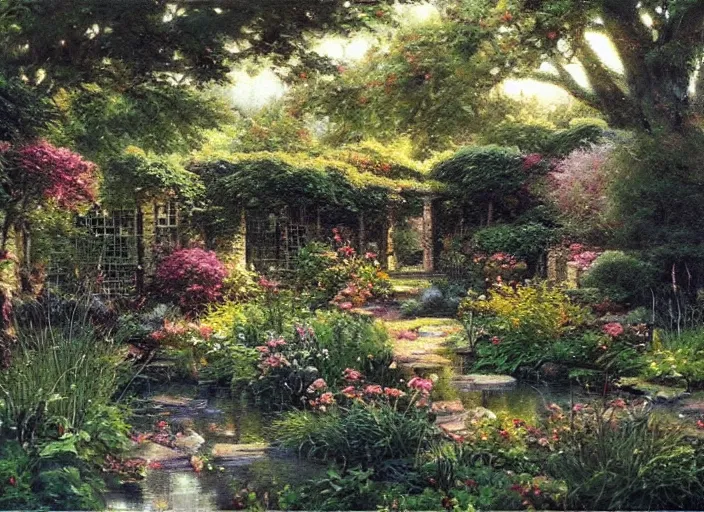 Image similar to oil painting by james gurney of a secret garden, some edges lost, high contrast, subtle tones, calm, serene landscape, beautiful detailed garden painting