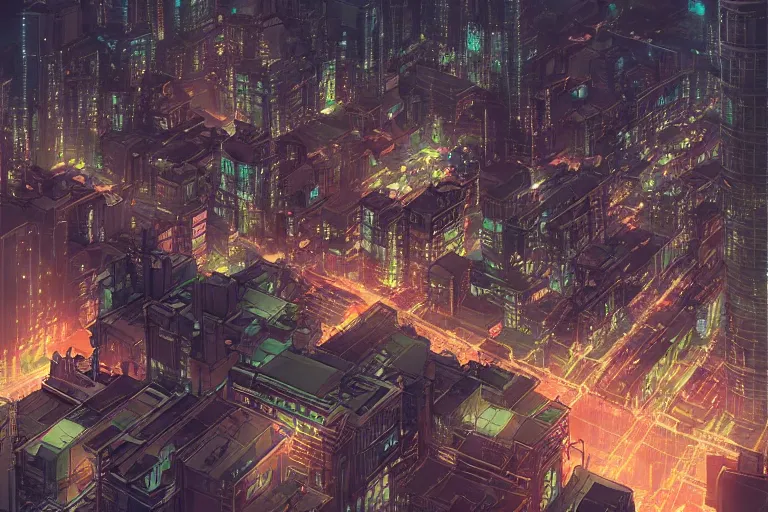 Prompt: a view of a city at night from a hill, vibes, cozy, by wlop, poster, anime key visual, high details