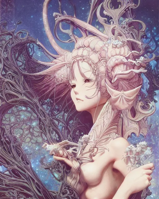 Image similar to a beautiful detailed front view of a pretty anime girl with ornate growing around, ornamentation, baroque architecture, elegant, beautifully soft lit, by wayne barlowe, peter mohrbacher, kelly mckernan