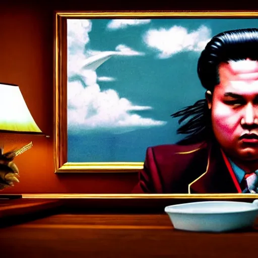 Image similar to hyperralism pineapple express movie still photography of hyperrealism detailed north korean kim chen with detailed face smoking weed in basement bedroom