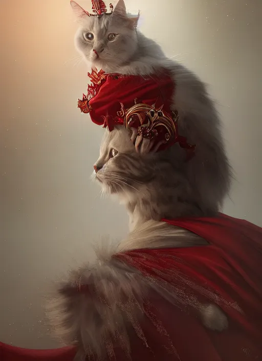 Image similar to side profile of a ragdoll cat king wearing a crown and red cape, fantasy, digital painting, volumetric light, intricate, sharp, focus, bloom, illustration, highly detailed, concept art, matte, ruan jia, randy vargas, greg rutkowski