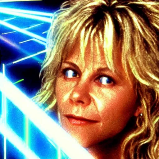 Image similar to Meg Ryan with rainbow Lazer beams coming out of her eyes, very detailed