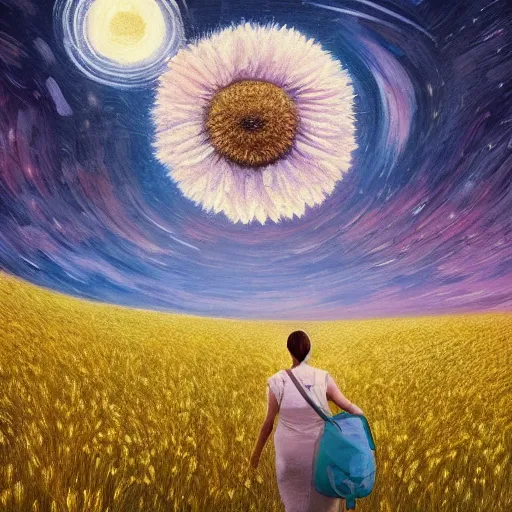 Image similar to giant daisy flower as a head, girl walking in wheat field, hills, surreal photography, moon light, dark night, star trails, dramatic light, impressionist painting, clouds, digital painting, artstation, simon stalenhag