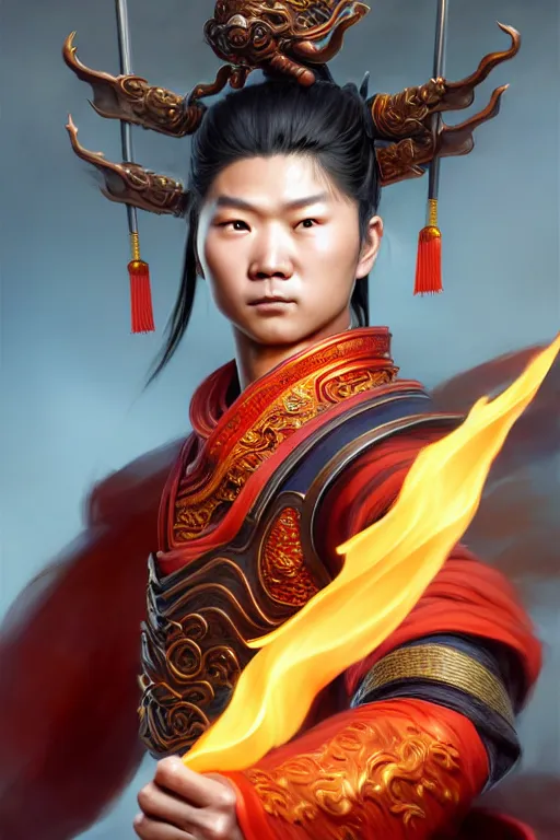 Image similar to charming nezha, highly detailed, man holding spear, flame everywhere, epic pose, masterpiece chinese fantasy character portrait, highly detailed, digital painting, trending on artstation, concept art, sharp focus, illustration, global illumination, ray tracing, realistic shaded, art by artgerm and greg rutkowski and fuji choko and viktoria gavrilenko and hoang lap