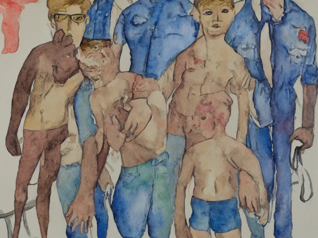 Prompt: tom of finland outsider art children's illustration watercolor painting