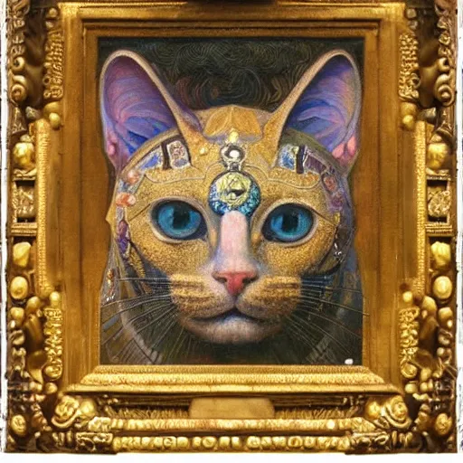 Prompt: masterpiece painting of an ornate bejeweled cat head, by annie swynnerton and diego rivera and nicholas roerich and jean delville, symbolist, dramatic lighting, god rays, elaborate geometric ornament, art brut, rich colors, smooth, sharp focus, extremely detailed, adolf wolfli and ( donato giancola )