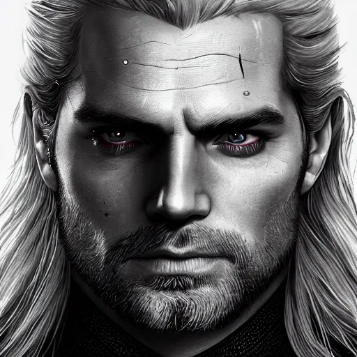 Image similar to an epic portrait of henry cavill as witcher, witcher, handsome, white hair, detailed face, epic fantasy art, trending on artstation, deviantart, high detail, high definiton, ultra realistic, hyper realistic, photo realistic, 4 k uhd,