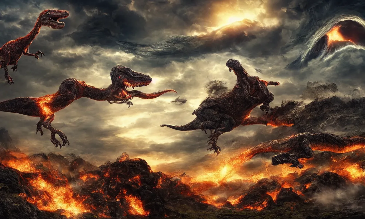 Prompt: prehistoric alien yajuta predator battling a tyrannosaurus, dinosaur slayer, volcanic landscape, dynamic storm clouds vortex, meteor asteroids crashing, epic cinematic matte painting,