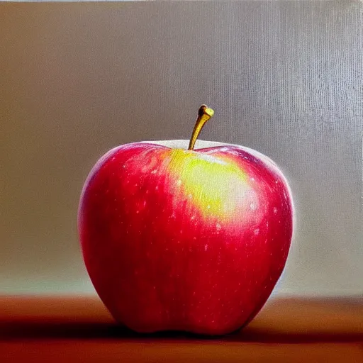 Image similar to a hyper-realistic studio oil-painting of an-apple; hyper-detailed; an extraordinary masterpiece!!!; flawless; trending on artstation