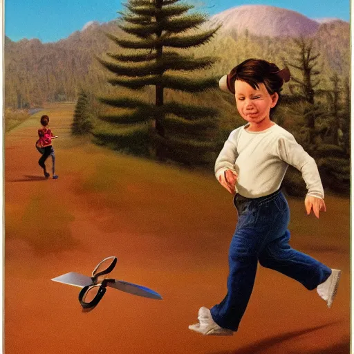 Prompt: a disappearing running child disappearing into vapor, mist, smoke, scissors in hand, sharp scissor blades, a detailed matte painting by John Philip Falter