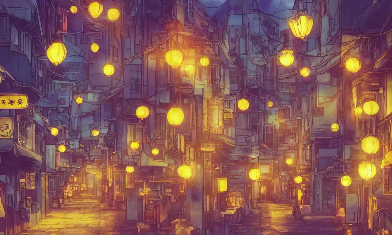 Image similar to A film still from a 1990s Sailor Moon cartoon featuring a moody street in Japan with a waterfall and lanterns, lofi aesthetic, golden hour, cinematic look, film grain, high detail, high resolution, 8k