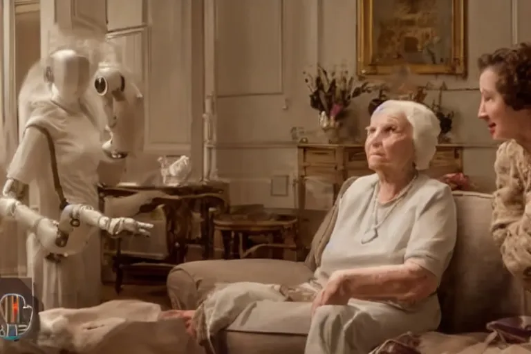 Prompt: VFX movie of old women helping a served by humanoid assistant robot in a decadent living room by Emmanuel Lubezki