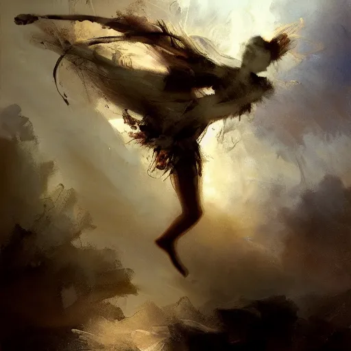 Prompt: painting of a beautiful surreal Harpey, dancing on a cloud, by Jeremy Mann and Jason Jenicke, detailed, stylized, loose brush strokes, intricate, realistic, exaggerated lighting, sense of scale, ferocious, sensual