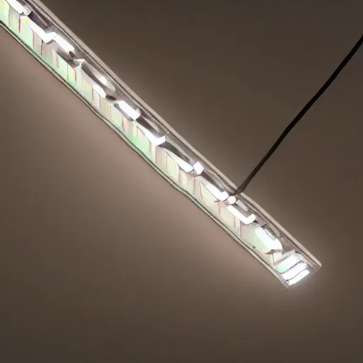 Image similar to closeup of a led strip lamp hanging from the sealing, digital art, sci - fi look, by frank gehry, concept art