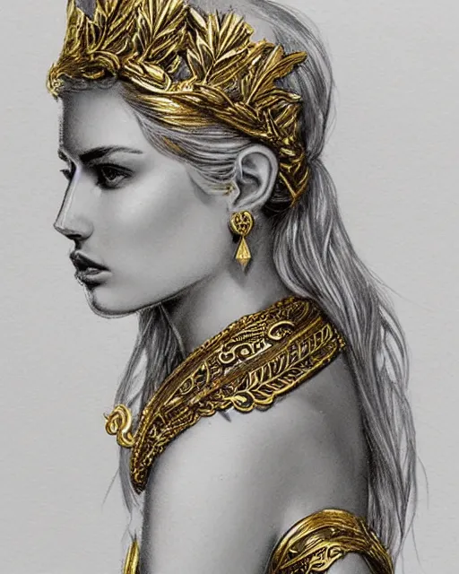 Prompt: tattoo design sketch of hot blonde super model as aphrodite greek goddess wearing a gold laurel wreath and triangle earrings, beautiful piercing gaze with sharp pupils, in the style of greg rutkowski, fantasy, amazing detail, epic, elegant, smooth, sharp focus, front view