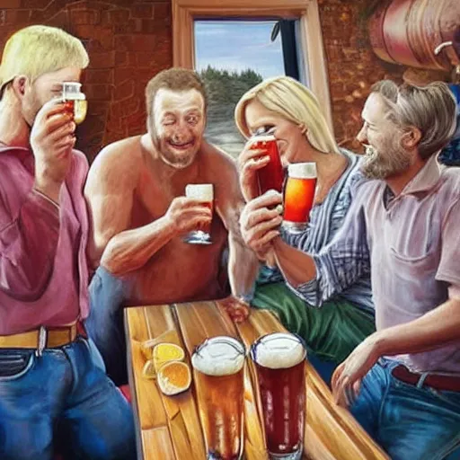 Image similar to Hyper realistic paint of people drinking beer